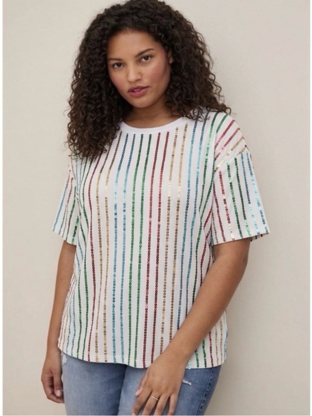 Why Dress Rainbow Sequin Striped White Top NWT XL Festive T-Shirt